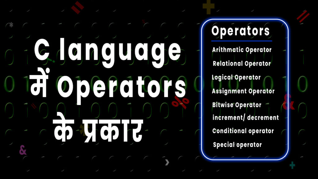 C Language में Operators के प्रकार — एक डार्क बैकग्राउंड पर इन्फोग्राफिक जिसमें आठ प्रकार के ऑपरेटर दिखाए गए हैं: Arithmetic, Relational, Logical, Assignment, Bitwise, Increment/Decrement, Conditional और Special Operator। बैकग्राउंड में 0 और 1 के डिजिटल अंक और ऑपरेटर चिन्ह जैसे %, &, = आदि दिखाई दे रहे हैं