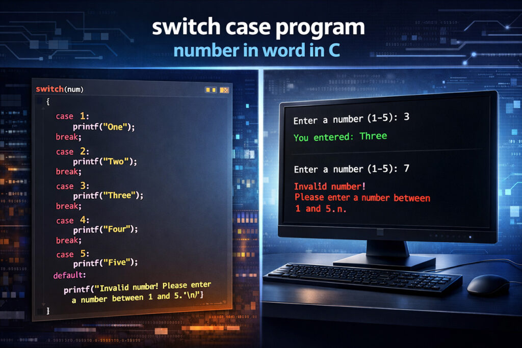switch case program number in word in c