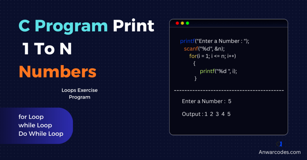 C Program to Print 1 to N Numbers in Hindi