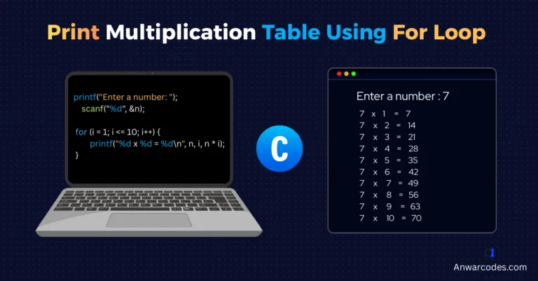 print multiplication table in C using for loop