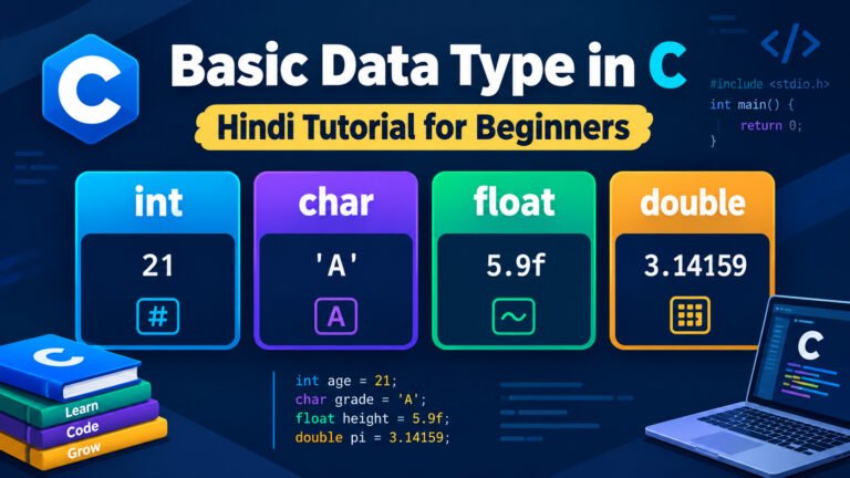 asic Data Type in C in Hindi showing int, char, float and double examples
