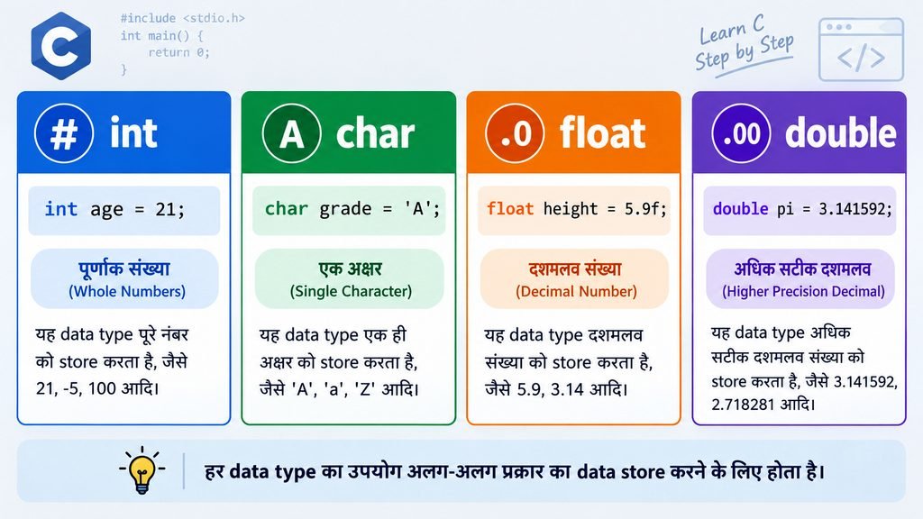 Basic data types in c int, char, float and double with Hindi explanations and code examples