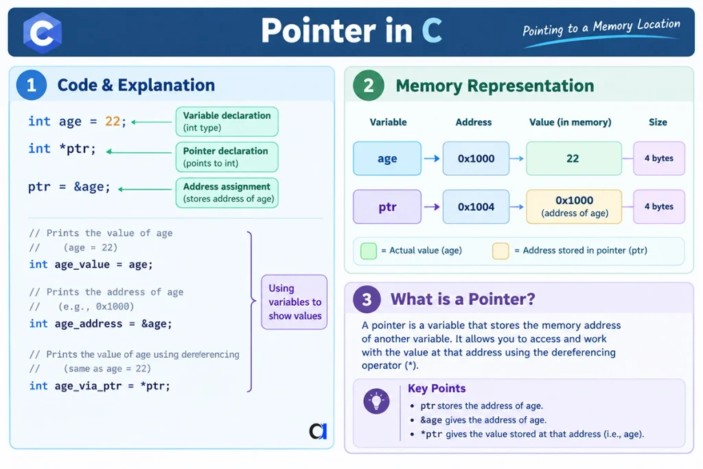 Pointer in C showing pointer declaration, address of a variable, dereferencing and memory representation
